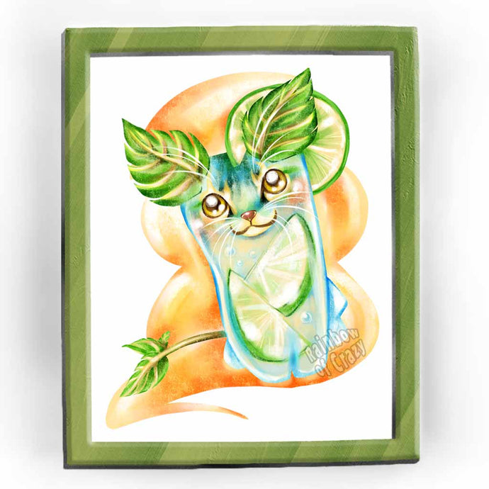 an art print, featuring an illustration of an Abyssinian cat, painted as a mojito drink, with limes and mint ears and tail