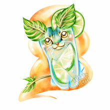 Load image into Gallery viewer, an art print, featuring an illustration of an Abyssinian cat, painted as a mojito drink, with limes and mint ears and tail
