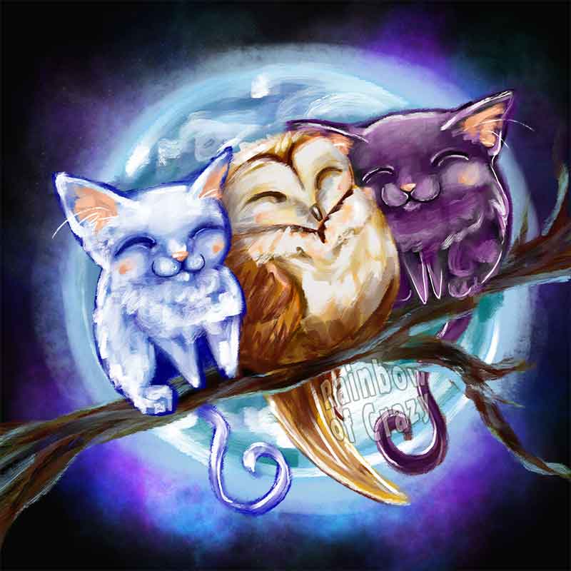 an art print featuring an illustration of a white cat, barn owl, and black cat, all sleeping in a row, perched on a tree branch. the full moon shines behind them.
