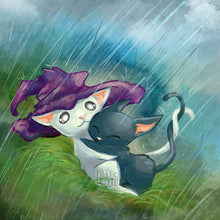 Load image into Gallery viewer, an art print featuring an illustration of a white cat wearing a purple witch hat, holding onto a scared black cat, while the hat protects them from the rain.
