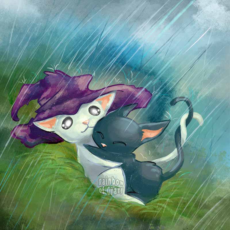 an art print featuring an illustration of a white cat wearing a purple witch hat, holding onto a scared black cat, while the hat protects them from the rain.