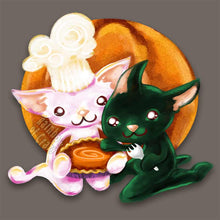 Load image into Gallery viewer, This illustration features a white cat with a chef hat, holding a pumpkin pie, and a black cat ready for a slice
