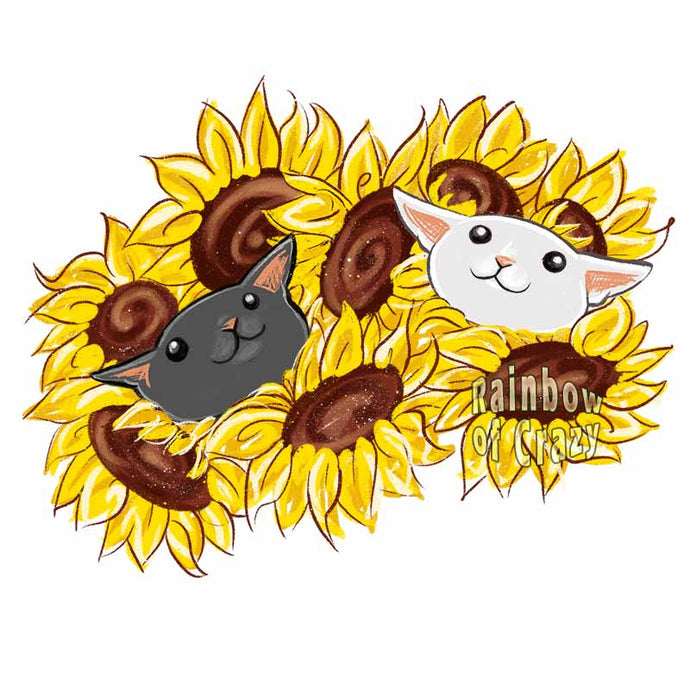 an art print featuring an illustration of a black cat and white cat peeking out from a bunch of sunflowers