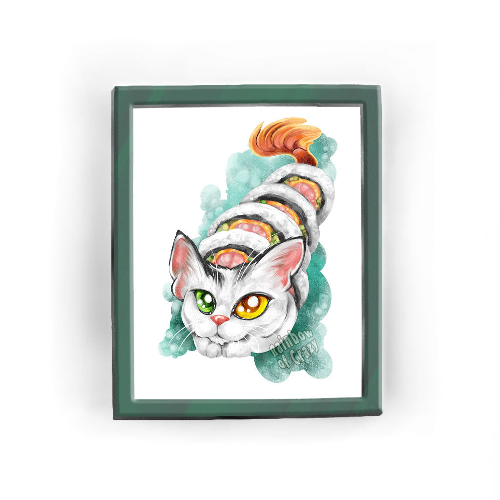 This art print features a Japanese Bobtail cat painted as a sushi roll - shrimp tempura style