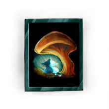 Load image into Gallery viewer, an art print featuring an illustration of a black cat and white cat cuddled together under a giant brown mushroom, staying dry from the rain.
