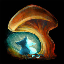 Load image into Gallery viewer, an art print featuring an illustration of a black cat and white cat cuddled together under a giant brown mushroom, staying dry from the rain.
