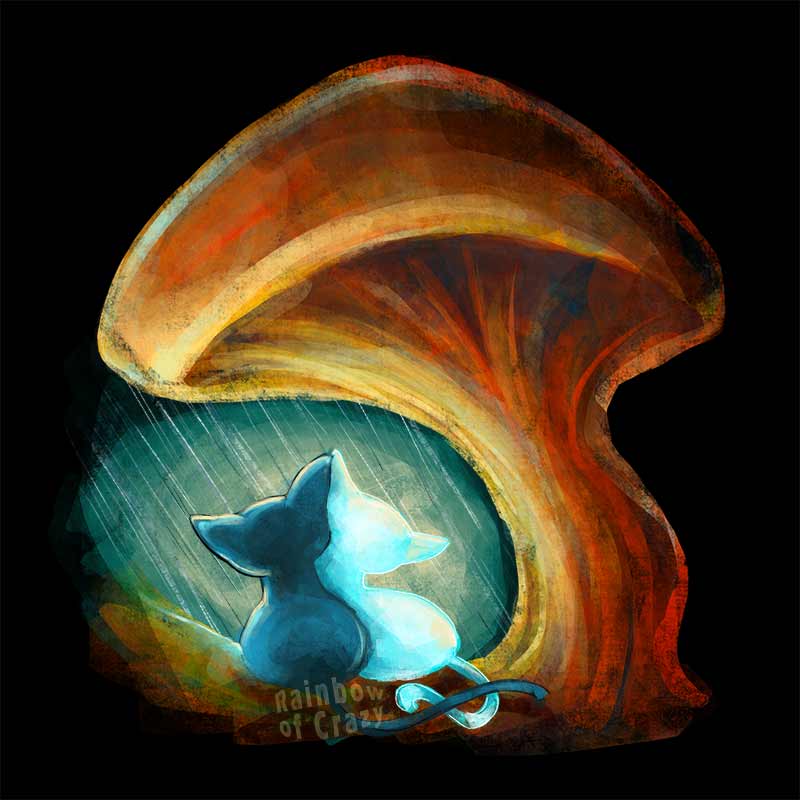 an art print featuring an illustration of a black cat and white cat cuddled together under a giant brown mushroom, staying dry from the rain.