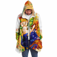 Load image into Gallery viewer, a man wearing a white cloak, printed with art of a white cat and black cat painted as autumn fairies with leaf wings
