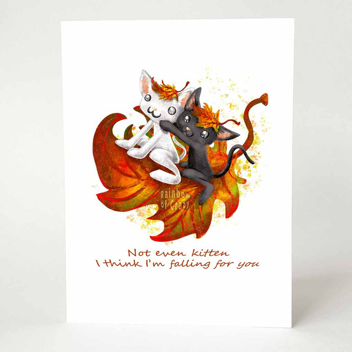 a greeting card featuring art of a white cat and black cat with maple leaves on their heads, flying around on a giant maple leaf. The card reads, 
