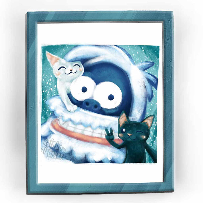 an illustration of a black cat and white cat taking a selfie with a yeti