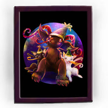 Load image into Gallery viewer, an illustration of a black cat, and white cat, celebrating the new year with krampus, wearing party hats and party horns
