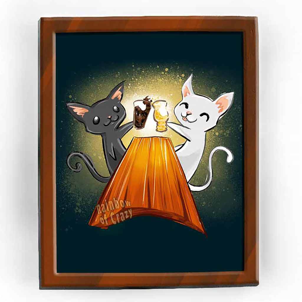 An art print featuring a digital illustration of a black cat and white cat, toasting each other with pints of beer at a wooden table.