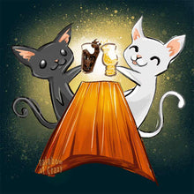 Load image into Gallery viewer, An art print featuring a digital illustration of a black cat and white cat, toasting each other with pints of beer at a wooden table.
