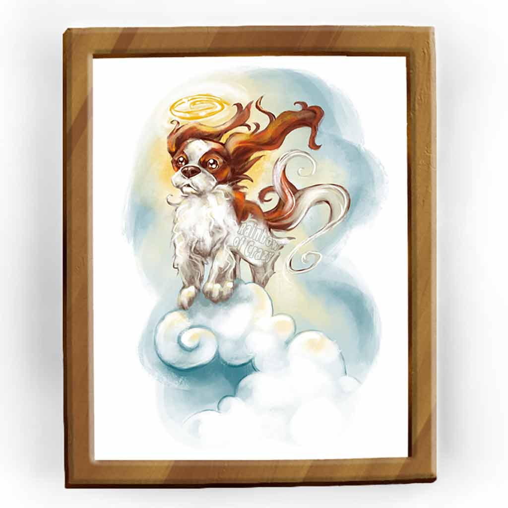 art of a cavalier king charles spaniel dog painted as an angel in the clouds