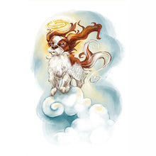 Load image into Gallery viewer, art of a cavalier king charles spaniel dog painted as an angel in the clouds
