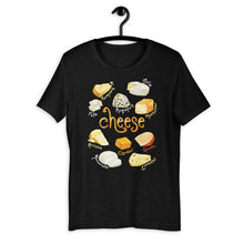 Load image into Gallery viewer, The Cheese Lovers Unisex Premium T-shirt in black heather colour, which includes a graphic of 10 styles of cheese.
