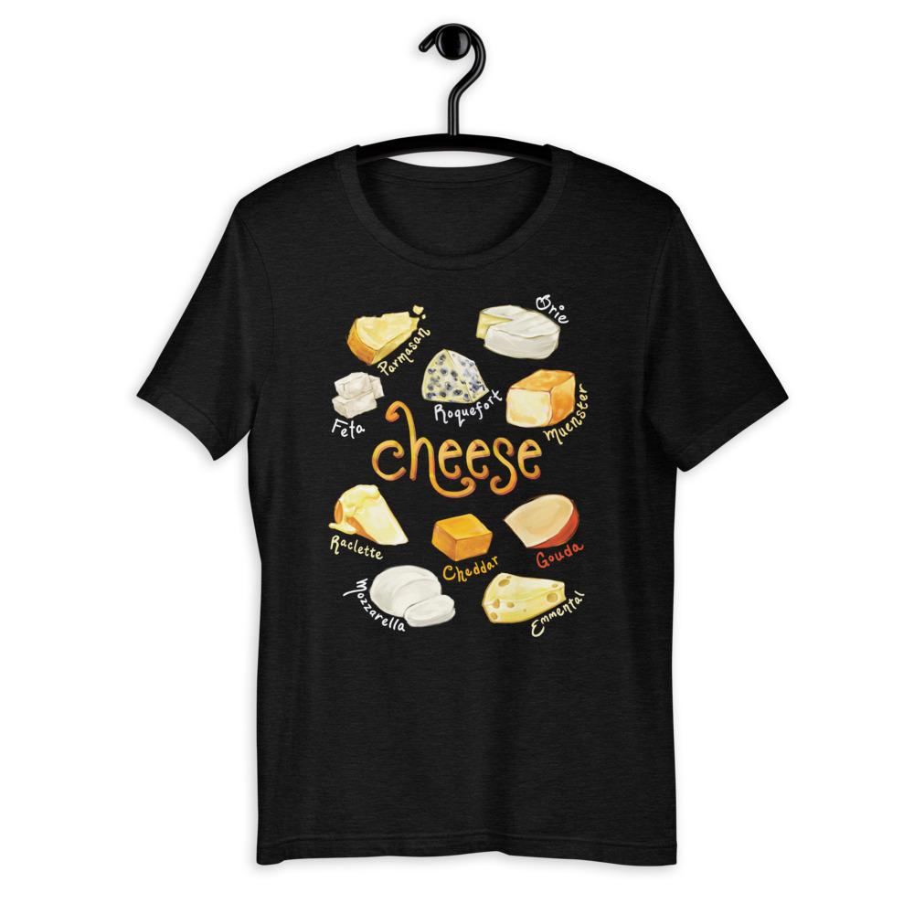 The Cheese Lovers Unisex Premium T-shirt in black heather colour, which includes a graphic of 10 styles of cheese.