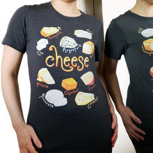 Load image into Gallery viewer, A woman is wearing the Cheese Lovers Unisex Premium T-shirt in dark grey heather, which includes art of 10 styles of cheese.
