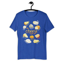 Load image into Gallery viewer, The Cheese Lovers Unisex Premium T-shirt in the colour heather true royal blue, which includes an illustration of 10 types of cheese.
