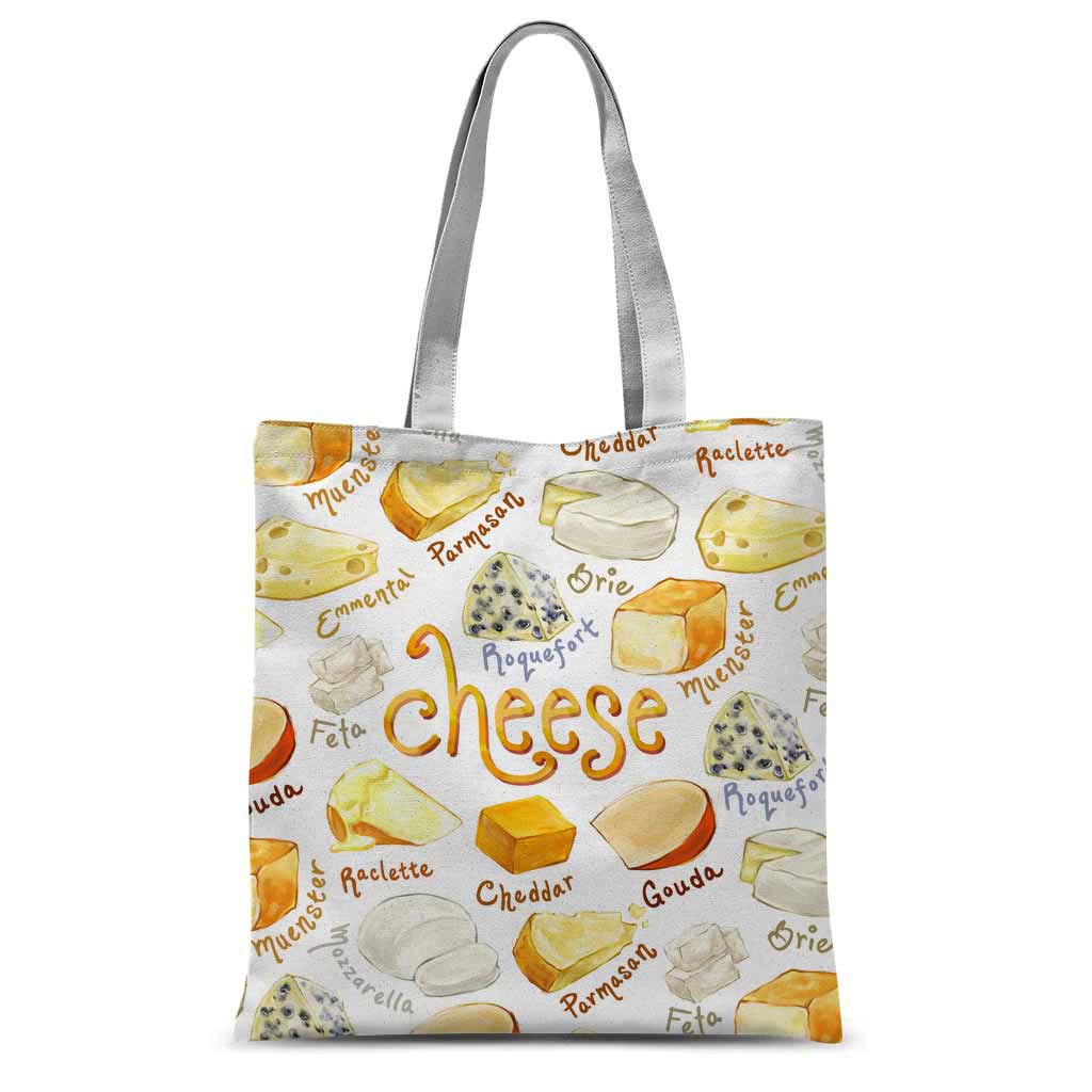 a white tote bag, printed with the word, 