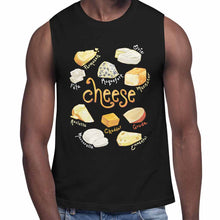 Load image into Gallery viewer, a man wearing the Cheese Lovers Unisex Muscle Tank Top in the colour black. the tank top features the word &quot;cheese&quot; and includes a graphic of 10 different cheese images and their names
