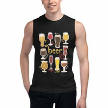 Load image into Gallery viewer, a man wearing a unisex muscle tank top in the colour black, with a graphic of ten different styles of beer, with their names underneath. the word, &quot;beer&quot; is on the center. 
