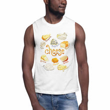 Load image into Gallery viewer, a man wearing the Cheese Lovers Unisex Muscle Tank Top in the colour white. the tank top features the word &quot;cheese&quot; and includes a graphic of 10 different cheese images and their names
