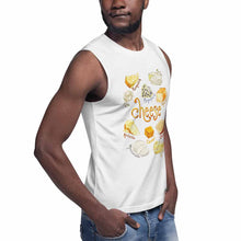 Load image into Gallery viewer, a man wearing the Cheese Lovers Unisex Muscle Tank Top in the colour white. the tank top features the word &quot;cheese&quot; and includes a graphic of 10 different cheese images and their names
