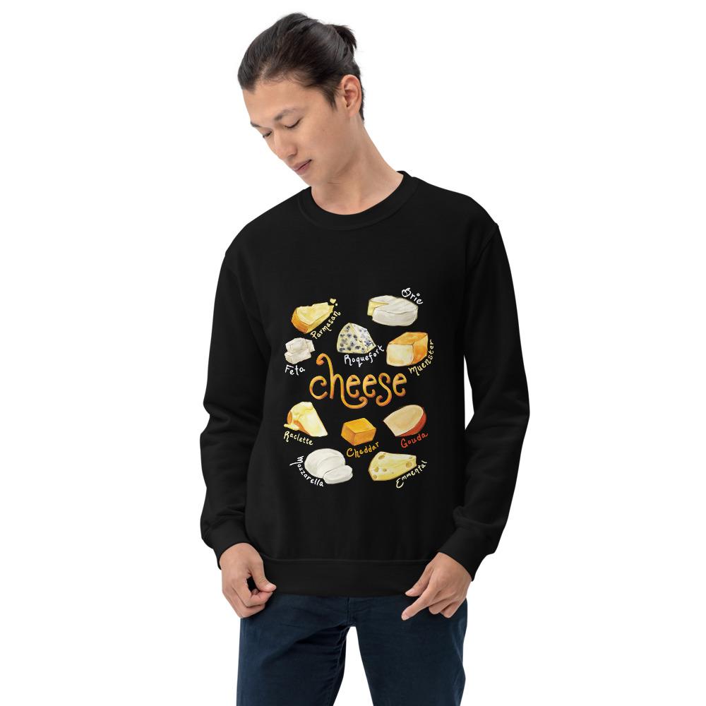 A man is wearing the Cheese Lovers Unisex Sweatshirt in the colour black, which features a print of ten different cheeses