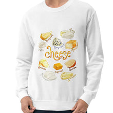 Load image into Gallery viewer, A man is wearing the Cheese Lovers Unisex Sweatshirt in the colour white, which is printed with an image of ten different types of cheeses
