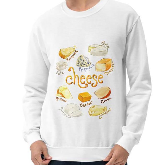 A man is wearing the Cheese Lovers Unisex Sweatshirt in the colour white, which is printed with an image of ten different types of cheeses