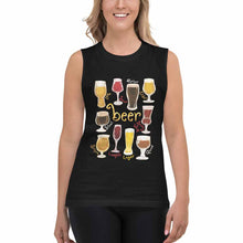 Load image into Gallery viewer, a woman wearing a unisex muscle tank top in the colour black, with a graphic of ten different styles of beer, with their names underneath. the word, &quot;beer&quot; is on the center. 
