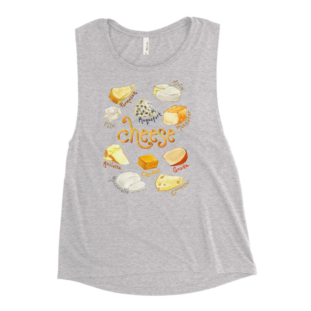 The Cheese Lovers Women's Muscle Tank Top in the colour athletic heather grey, which is printed with an image of 10 different types of cheeses