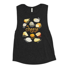 Load image into Gallery viewer, The Cheese Lovers Women&#39;s Muscle Tank Top in the colour heather black, which is printed with art of 10 different types of cheeses
