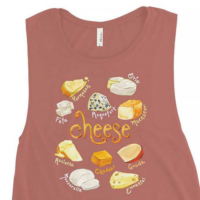 The Cheese Lovers Women's Muscle Tank Top in the colour mauve, which is printed with an image of 10 different types of cheeses
