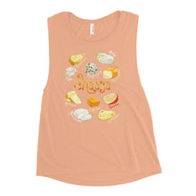 Load image into Gallery viewer, The Cheese Lovers Women&#39;s Muscle Tank Top in the colour peach, which is printed with an illustration of 10 different types of cheeses
