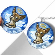Load image into Gallery viewer, a small lightweight wood circle, hand painted with the portrait of a chihuahua as an angel in the clouds. available as a keepsake or pendant necklace
