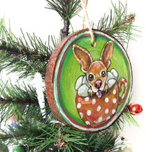 Load image into Gallery viewer, a tree ornament, hand painted with a chihuahua sitting in a mug of hot chocolate and marshmallows.
