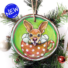 Load image into Gallery viewer, a tree ornament, hand painted with a chihuahua sitting in a mug of hot chocolate and marshmallows.
