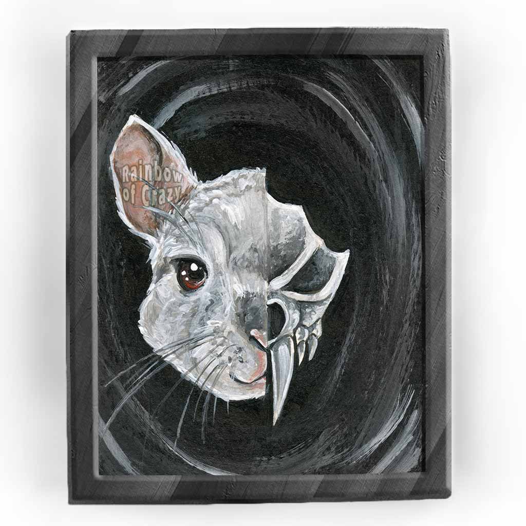 This art print features a split image: the left side features a cute portrait of a chinchilla, while the right side features a darker, stylized chinchilla skull.
