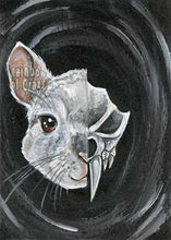 Load image into Gallery viewer, This art print features a split image: the left side features a cute portrait of a chinchilla, while the right side features a darker, stylized chinchilla skull.
