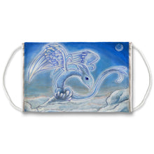 Load image into Gallery viewer, A reusable face mask, features art of a blue dragon with angel wings, flying over the clouds
