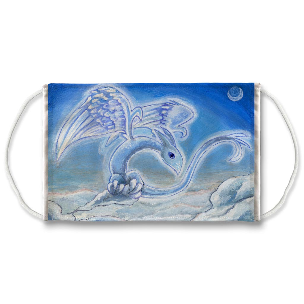 A reusable face mask, features art of a blue dragon with angel wings, flying over the clouds