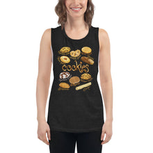 Load image into Gallery viewer, A woman is wearing the Cookie Lovers Women&#39;s Muscle Tank Top in the colour black heather, which is printed with a graphic of 10 different types of cookies
