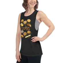 Load image into Gallery viewer, A woman is wearing the Cookie Lovers Women&#39;s Muscle Tank Top in the colour black heather, which is printed with an image of 10 different types of cookies
