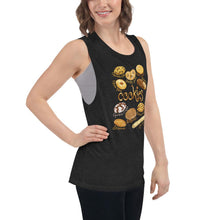 Load image into Gallery viewer, A woman is wearing the Cookie Lovers Women&#39;s Muscle Tank Top in the colour black heather, which is printed with an illustration of 10 different types of cookies
