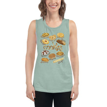 Load image into Gallery viewer, A woman is wearing the Cookie Lovers Women&#39;s Muscle Tank Top in the colour dusty blue, which is printed with art of 10 different types of cookies
