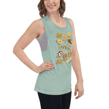 Load image into Gallery viewer, A woman is wearing the Cookie Lovers Women&#39;s Muscle Tank Top in the colour dusty blue, which is printed with artwork of 10 different types of cookies
