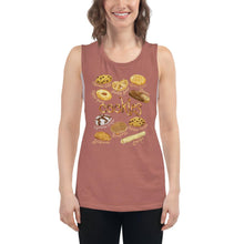 Load image into Gallery viewer, A woman is wearing the Cookie Lovers Women&#39;s Muscle Tank Top in the colour mauve, which is printed with an illustration of 10 different types of cookies
