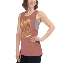 Load image into Gallery viewer, A woman is wearing the Cookie Lovers Women&#39;s Muscle Tank Top in the colour mauve, which is printed with an image of 10 different types of cookies
